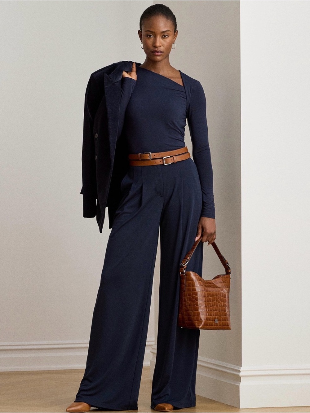 Lauren Ralph Lauren Women's Pleated Stretch Jersey Wide-Leg Pants Navy